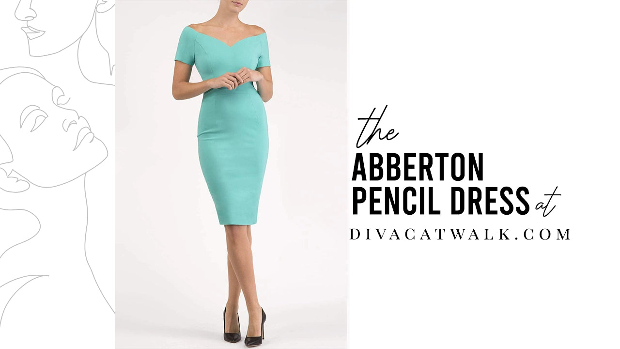 abberton diva catwalk dress in a light green shade, surrounding by text showing what it is.