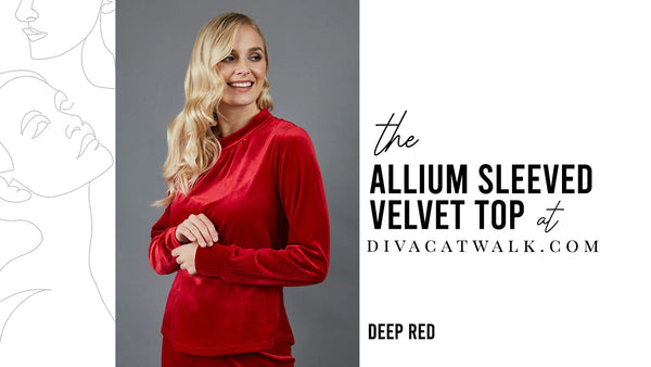  a woman model pictured wearing the Allium Sleeved Velvet Top with text showing the dress title.