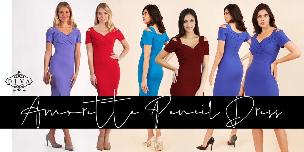 a collage image of all the available Amorette Off-Shoulder dresses available from Diva Catwalk.com