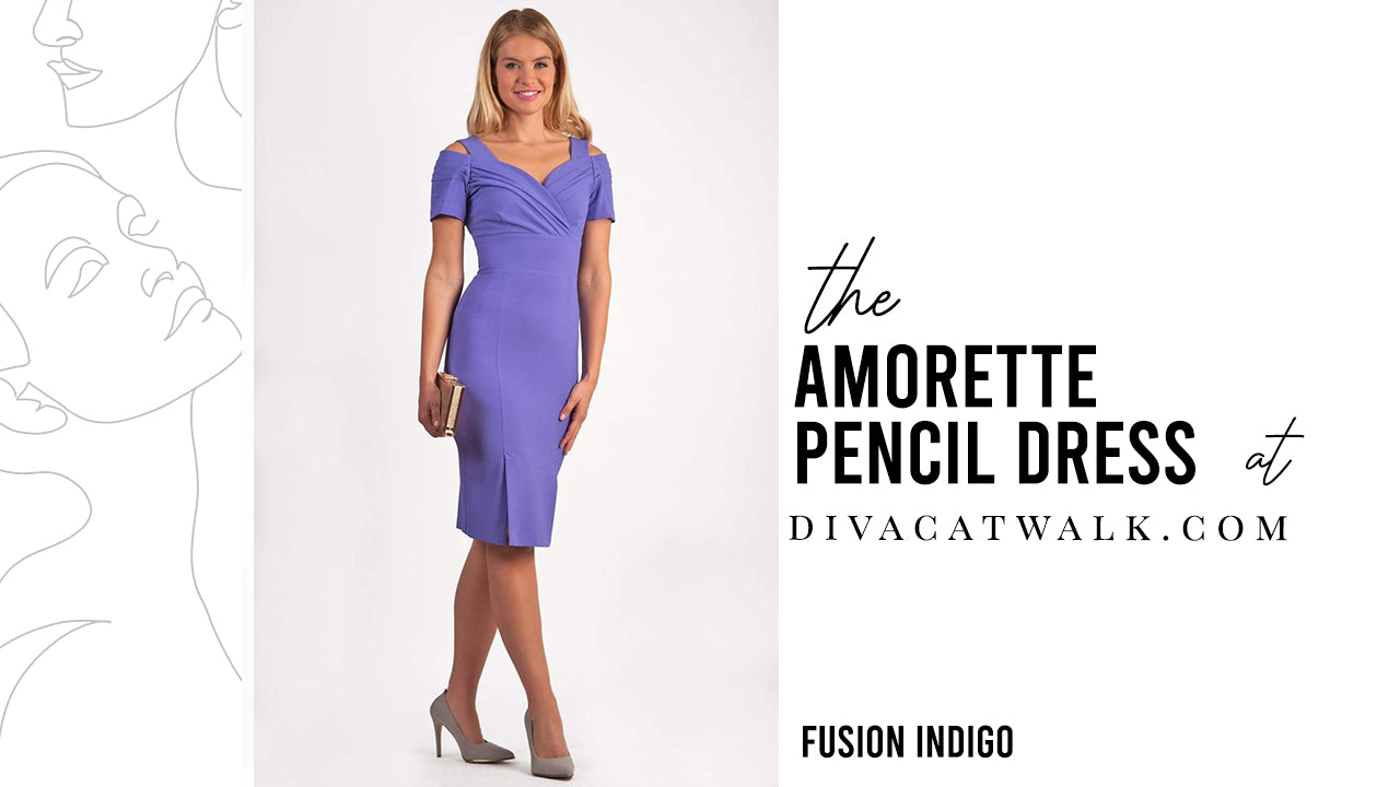 a divacatwalk featured image, with a model wearing the amorette swing dress and text describing the dress title.