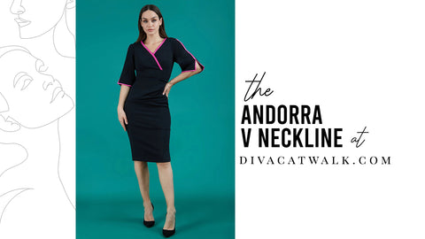 The Andorra dress, in black, with text describing the dress at the side.