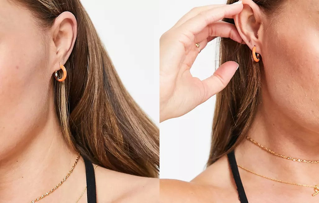 two website images side by side, showcasing a model wearing &otherstories orange small hoops.
