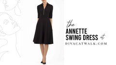 Annette Swing dress, in black, with text describing the dress at the side.
