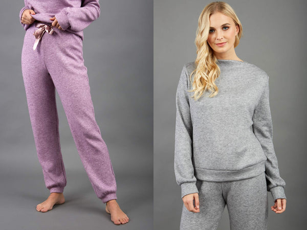  two website images side by side, showcasing a model wearing the Aria Joggers and Hudson Top.