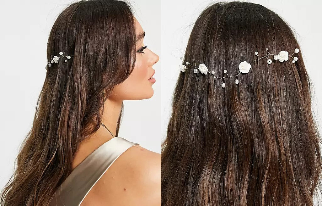 two images of an ASOS model wearing the back hair crown with pearl and floral detail.
