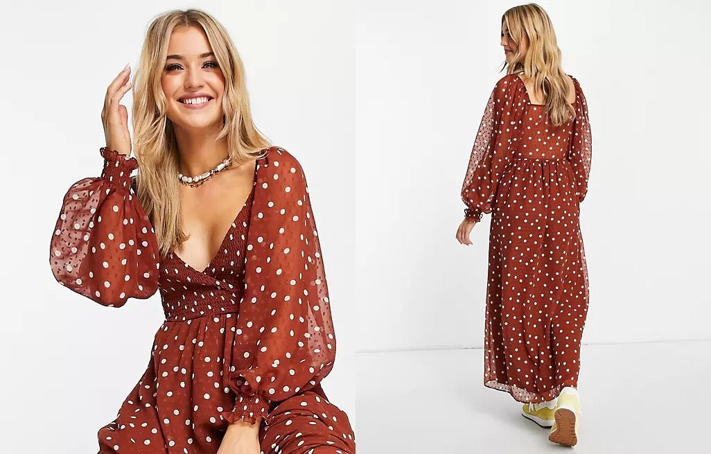 model pictured wearing the ASOS DESIGN Dobby Shirred Wrap Polka Dot in brown.