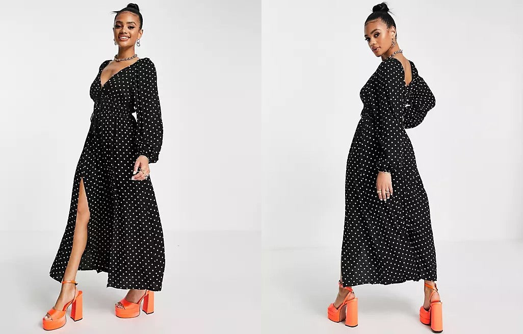 model pictured wearing the ASOS Gathered Waist Maxi Tea Dress in Polka Dot