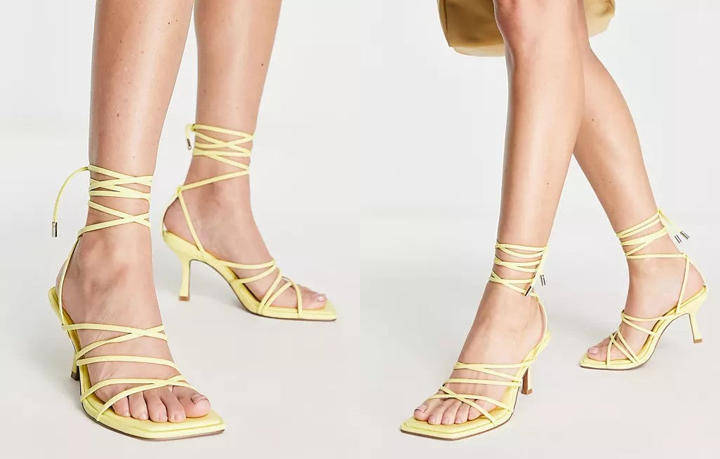  two website images side by side, showcasing a model wearing ASOS Design Hiccup Strappy Leg Mid Heel Sandals.