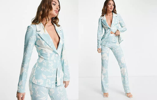 two website images showing the model wearing the Blue Floral Suit