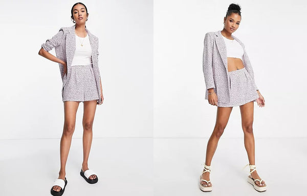 two website images showing the model wearing the ASOS Jersey Ditzy Print Short and Blazer.