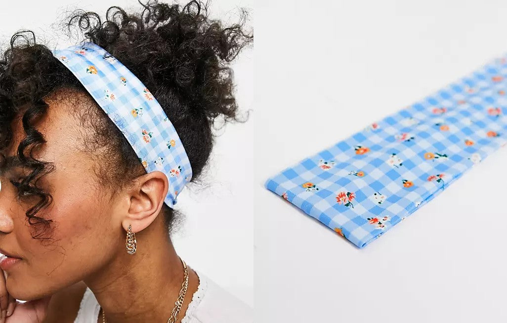 two images combined showcasing the ASOS Wide Band Gingham hair wrap band.