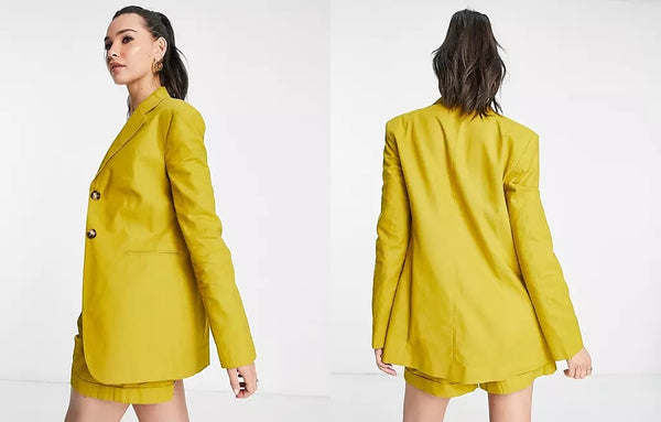 two website images showing the model wearing the Linen Golden Palm blazer.