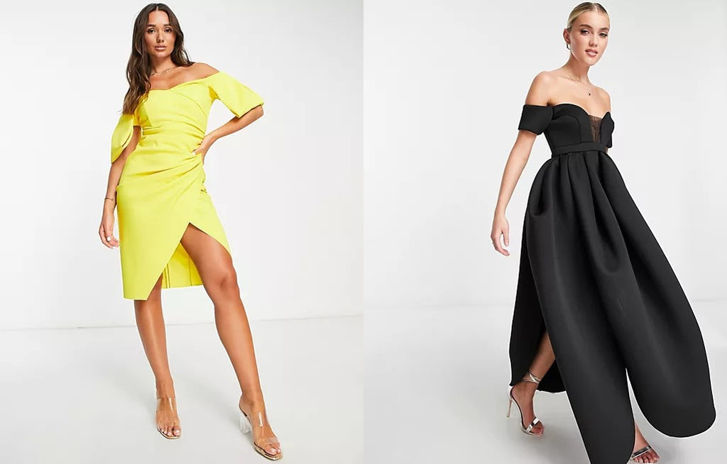 two website images showcasing two women wearing the ASOS Sweetheart wrap bardot & the Mesh Insert Cocoon Maxi Prom Dress.