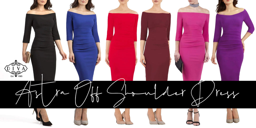 a collage image of all the available Astra Off-Shoulder dresses available from Diva Catwalk.com