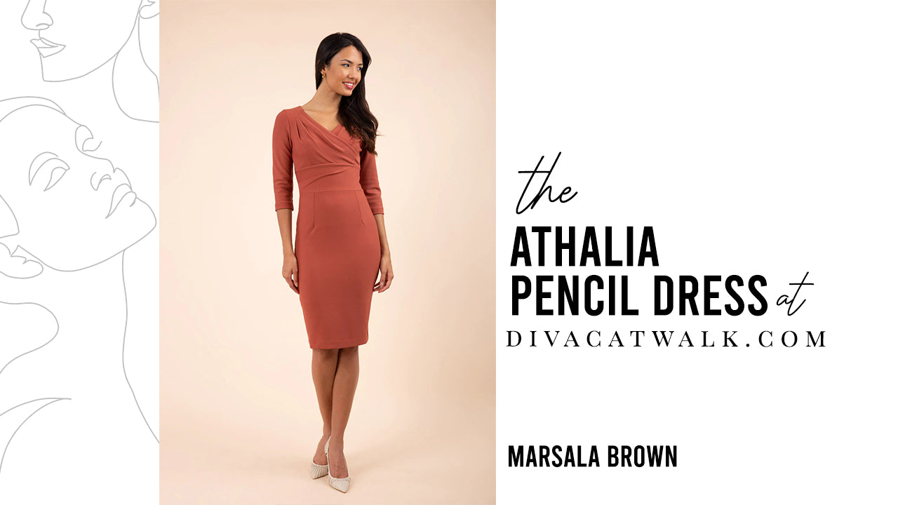 A model posed wearing the athalia pencil dress from divacatwalk in shade Marsala Brown