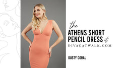 a  woman model pictured wearing the Athens Sleeveless dress in Orange with text showing the dress title.