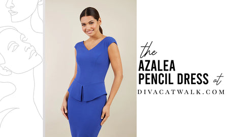 Azalea dress, in blue, with text describing the dress at the side.