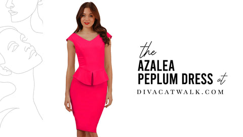 
a woman pictured wearing the 'Azalea peplum' from divacatwalk.com, with text around her showcasing what the product is called.