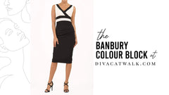 The Banbury Colour Block dress, in black, with text describing the dress at the side.