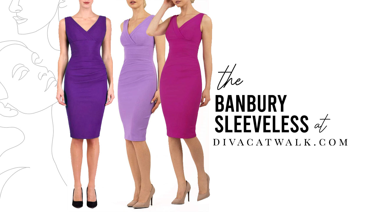 model pictures side by side showing the Banbury Sleeveless dresses in various colours with text beside them titling the dress.