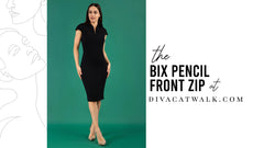 Bix Pencil Zip dress, in black, with text describing the dress at the side.