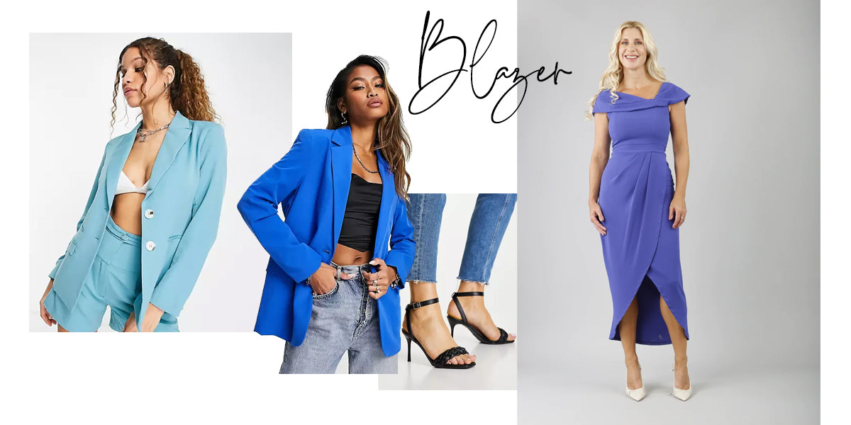various images of items to be worn to achieve a blazer coat and dress look, including two blue blazers and black stilettos.