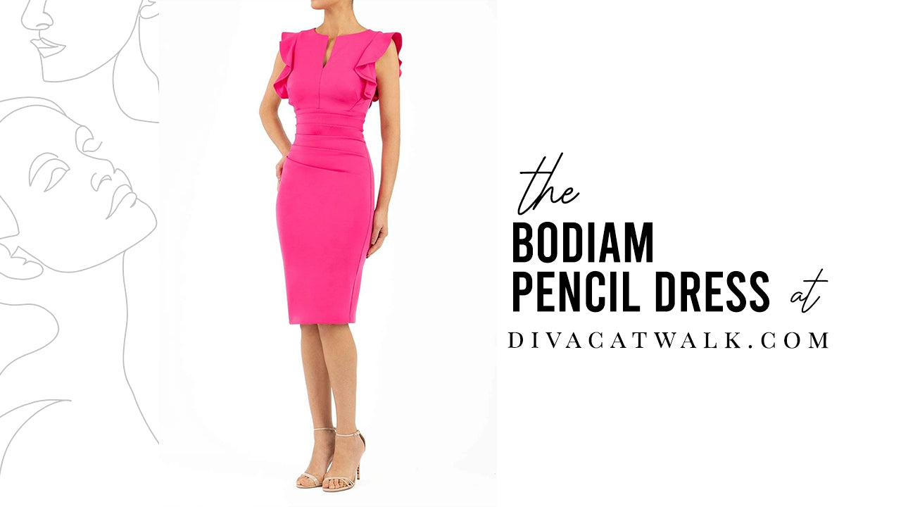 a woman model pictured wearing the Bodiam dress in Hibiscus Pink with text showing the dress title.