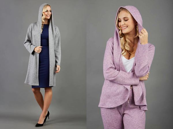  two website images side by side, showcasing a model wearing the Borneo Coat and Loretta Jacket