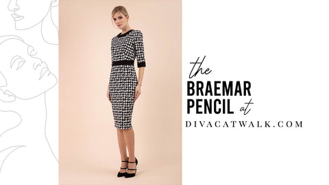 Braemar dress, in houndstooth, with text describing the dress at the side.