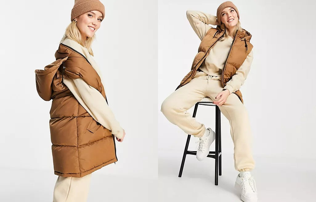 Two images of a women wearing the Brave Soul Cello Long Hooded Gilet, modelling.