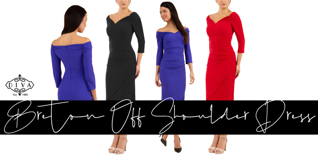 a collage image of all the available Breton Off-Shoulder dresses available from Diva Catwalk.com