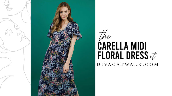  a woman model pictured wearing the Carella Midi dress in Floral Mist with text showing the dress title.