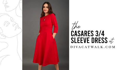 Casares dress, in red, with text describing the dress at the side.
