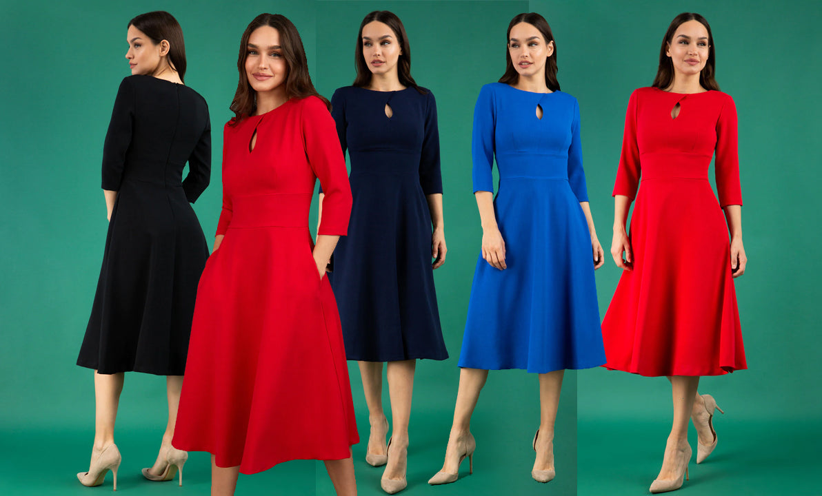 5 images of the Casares 3/4 Swing Dress blended together, showing the dress in all available colours from Diva Catwalk.