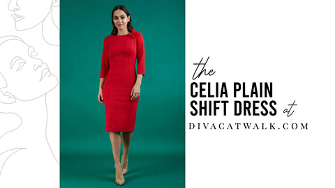 Celia Plain Shift dress, in red, with text describing the dress at the side.