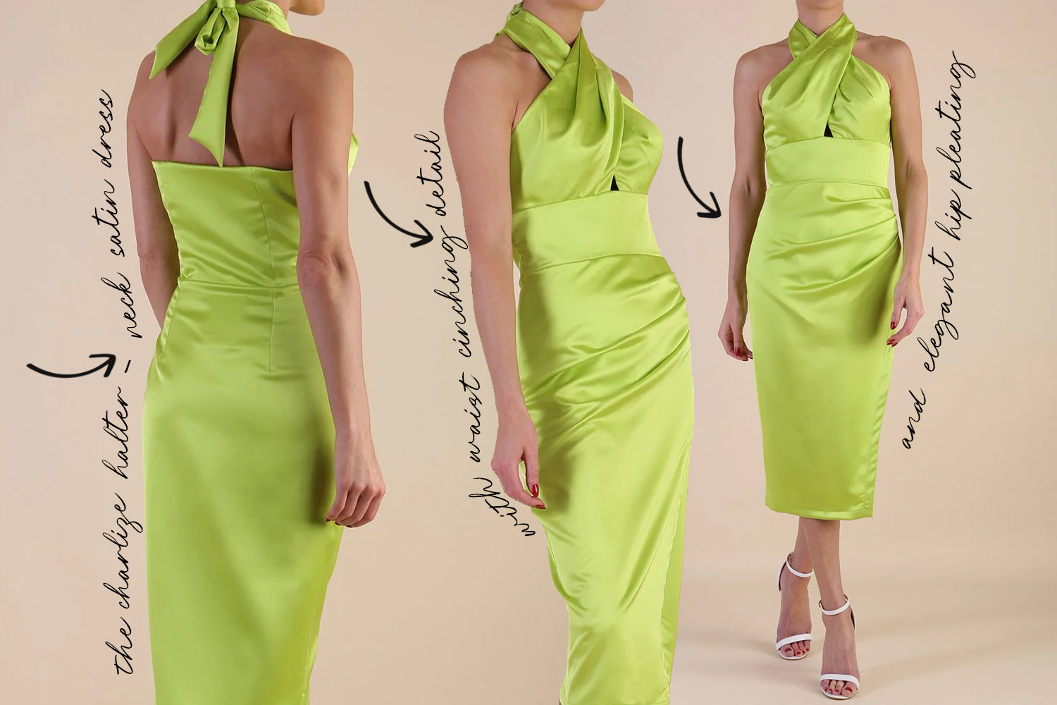 three blended images of a woman wearing the Charlize Halter-Neck Dress in Acid Green.