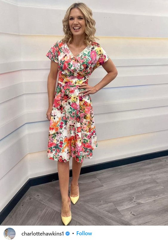 a screengrab of Charlotte Hawkins wearing a Diva Catwalk dress that was shared to her Instagram grid feed.