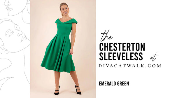   a woman model pictured wearing the Chesterton Swing dress in Emerald Green with text showing the dress title.