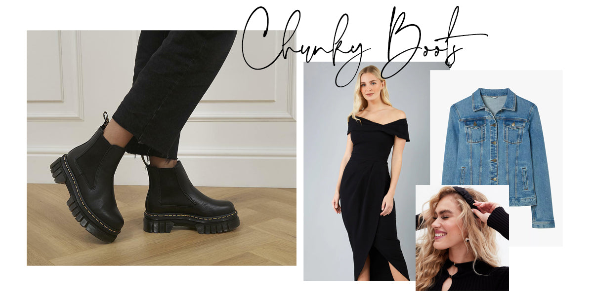 various images of items to be worn to achieve a chunky boot look, including black dr marterns, blue denim coat and black hairband.