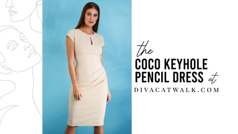 Coco Keyhole dress, in beige, with text describing the dress at the side.