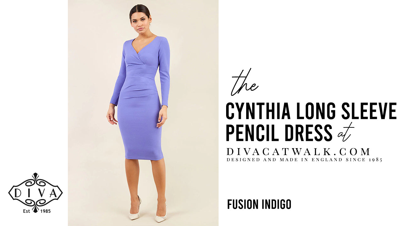  a woman model pictured wearing the Cynthia Long-Sleeved dress with text showing the dress title.