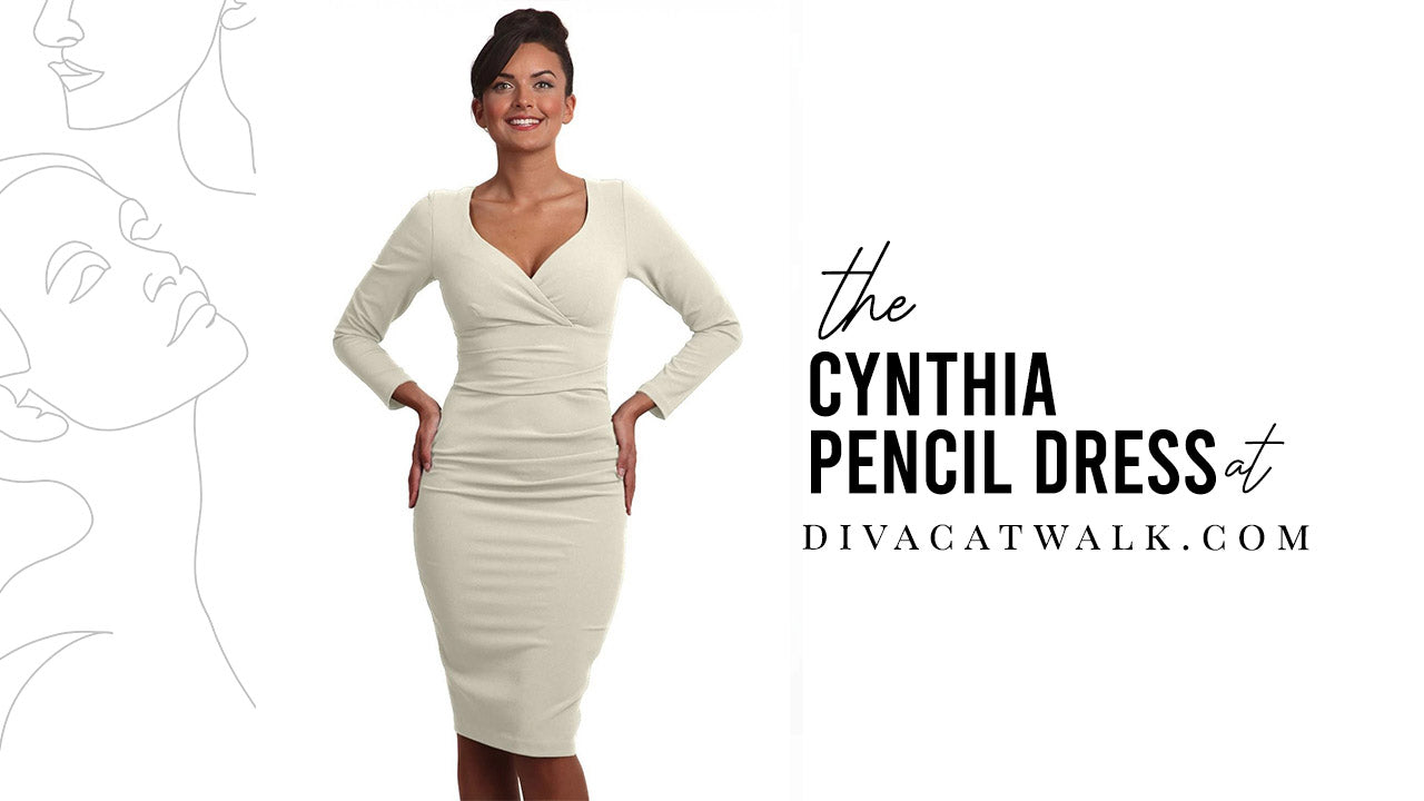 a woman model pictured wearing the Cynthia Long Sleeved dress with text showing the dress title.