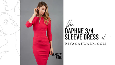 Daphne 3/4 Sleeved dress, in red, with text describing the dress at the side.