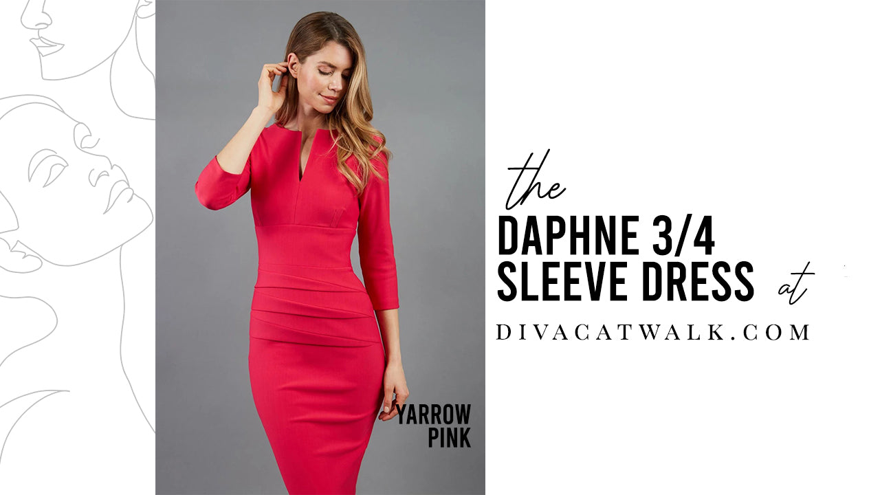 a woman model pictured wearing the Daphne 3/4 Sleeved dress in Yarrow Pink with text showing the dress title.