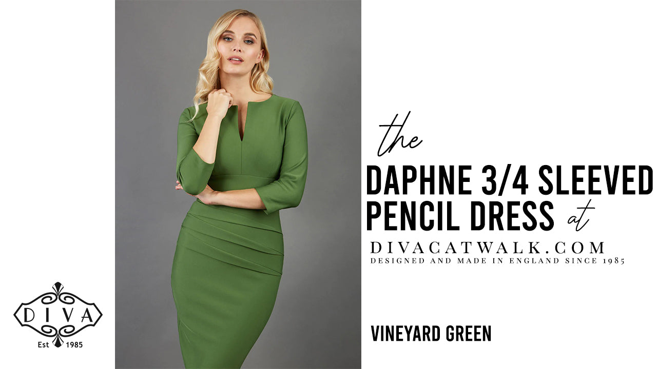  a woman model pictured wearing the Daphne 3/4 Sleeved dress with text showing the dress title.