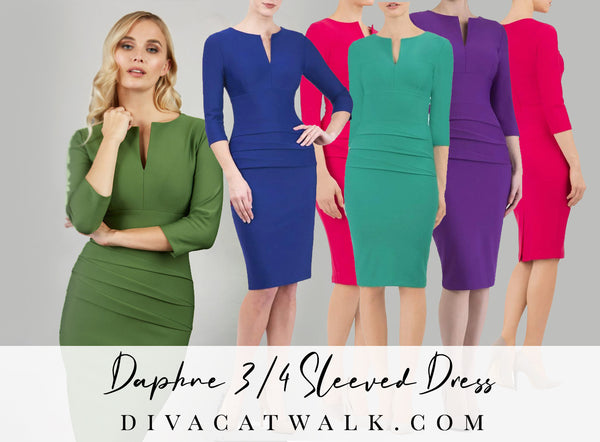  A series of model images blended together, each wearing the Daphne 3/4 Length Sleeve dress with text showing the dress title and website name.