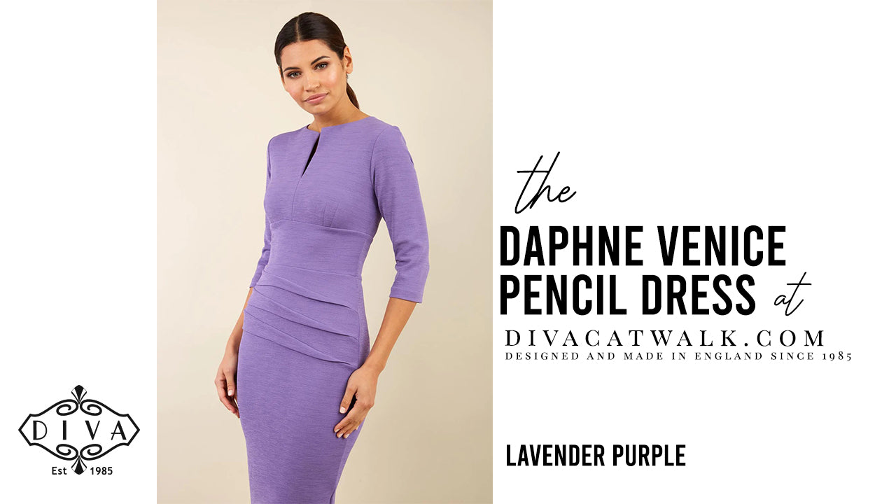  a woman model pictured wearing the Daphne Venice Stretch dress with text showing the dress title.