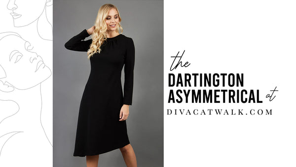  a woman model pictured wearing the Dartington Asymmetrical Midi dress in Black with text showing the dress title.