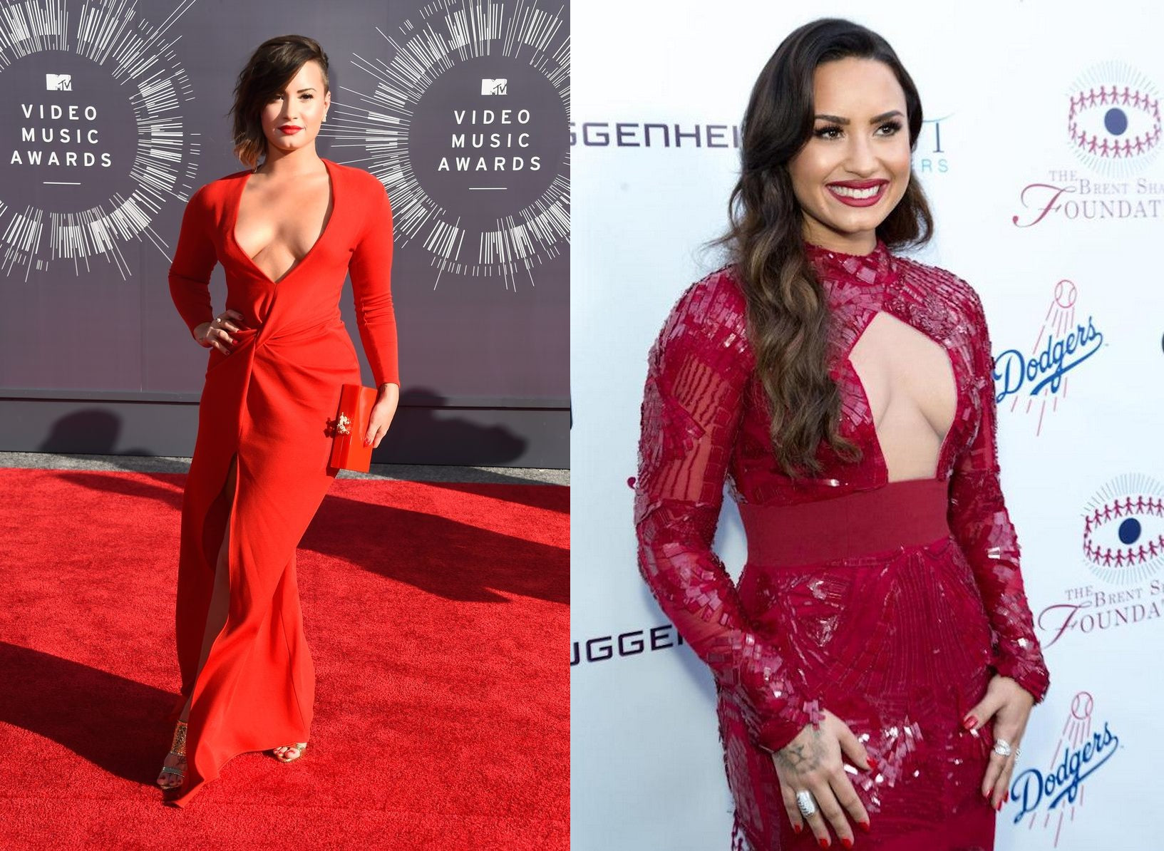 two images of singer-songwriter Demi Lovato wearing two different red/dark-red dresses at separate premieres.