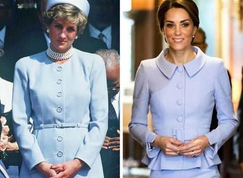Two photos side by side of both Lady Diana Spencer and Kate Middleton - both wearing a similar bright blue peplum suit with large same-shade buttons and belt.